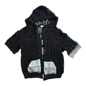 POL Black Open Knit Crochet Detail Hooded Short Sleeve Cardigan M